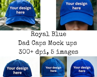 Pode incluir: Bonés de pai azul royal com o texto "Your design here" em branco. A imagem mostra várias maquetes dos bonés, perfeitas para mostrar designs personalizados. A imagem também inclui o texto "300+ dpi, 5 images".