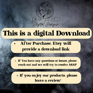 May include: Digital download graphic with the text "This is a digital Download." Additional text includes information about Etsy download links, customer support, and product reviews. The Luna Lovely Digital Designs logo is at the top.
