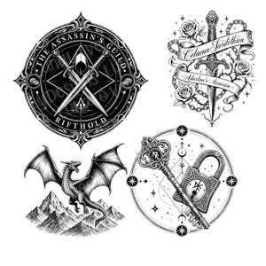May include: Black and white illustrations featuring fantasy-themed designs. Includes a circular emblem with crossed swords and text "The Assassin's Guild, Rifthold", a sword with roses and banner text, a dragon over mountains, and a key and lock.