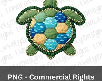 Faux Patchwork Sea Turtle PNG, Ocean Animal Fabric Quilt Digital Download, Marine Applique