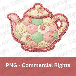 Faux Patchwork Teapot PNG, Tea Party Fabric Quilt Pattern Digital Download, Vintage China
