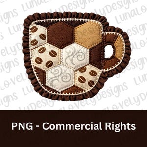 Faux Patchwork Kaffemugg PNG, Kaffekopp Tyg Quilt Digital Nedladdning, Café Applikation