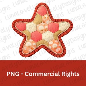 May include: A starfish-shaped fabric applique with a patchwork design. The center features hexagonal patches in coral, beige, and seashell patterns. A ruffled, coral-colored border surrounds the star. The text "PNG - Commercial Rights" is at the bottom.