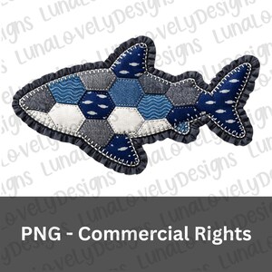 May include: A fabric shark applique in shades of blue, gray, and white, with a ruffled dark blue border. The shark's body is composed of hexagonal patches with various patterns, including fish and waves. The text "PNG - Commercial Rights" is at the bottom.