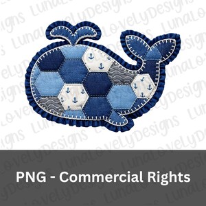 Faux Patchwork Whale PNG, Ocean Animal Fabric Quilt Digital Download, Marine Life