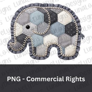 May include: A gray and blue patchwork elephant applique with a ruffled border and a black button eye. The elephant is made of various shades of gray and blue fabric pieces, stitched together with cream-colored thread. The text "PNG - Commercial Rights" is at the bottom.
