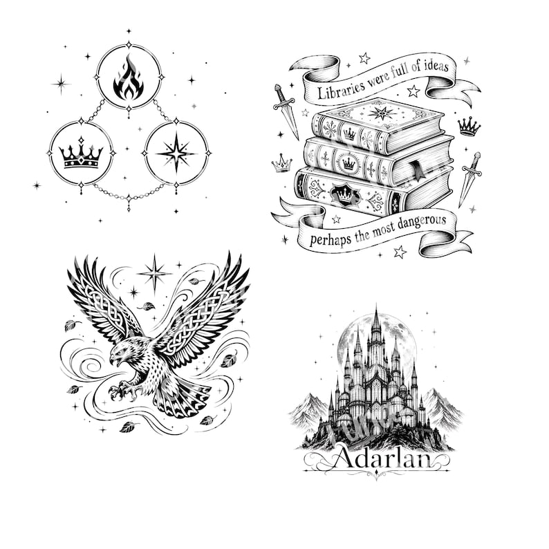 May include: Black and white illustrations of fantasy-themed designs. Includes a flame, crown, and compass connected by chains. Also, a stack of books with the text "Libraries were full of ideas, perhaps the most dangerous". An eagle with outstretched wings, and a castle with the word "Adarlan".