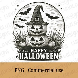 May include: A monochrome Halloween design with two carved pumpkins wearing a witch's hat, bats, and the words "HAPPY HALLOWEEN". The image is set against a full moon background.