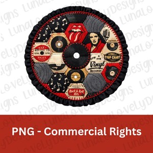 May include: Circular, quilted design featuring vinyl records, musical notes, and iconic imagery. The design includes a central black record surrounded by hexagonal patches with record labels, the Rolling Stones logo, and Elvis. A black ruffled edge completes the design.