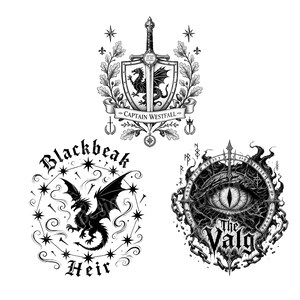 May include: Three black and white illustrations featuring fantasy designs. One shows a shield with a dragon, sword, and text "CAPTAIN WESTFALL". Another depicts a dragon with the text "Blackbeak Heir". The third design features an eye and the text "The Valg".