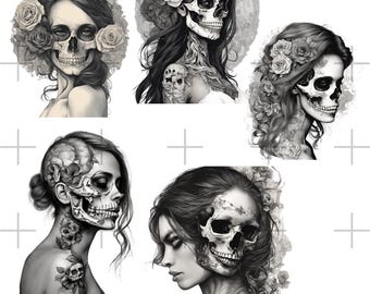 Clipart di donna teschio di zucchero: disegni di tatuaggi dark art (file digitale)