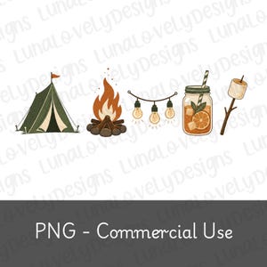 May include: A digital illustration featuring a green camping tent with an orange flag, a campfire with logs, a string of three hanging light bulbs, a glass mason jar filled with an orange drink and a straw, and a toasted marshmallow on a stick.