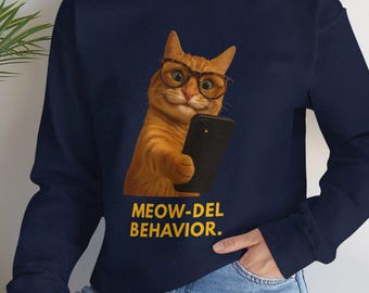 Funny Cat Sweatshirt, Meow Del Behavior Crewneck, Cat Lover Gift for Her, Cozy Sweatshirt for Pet Owners, Funny Animal Apparel