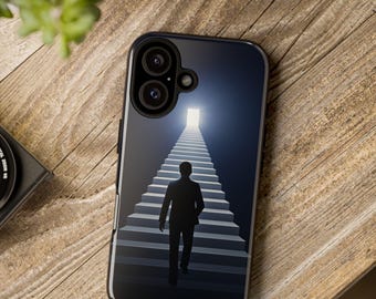 Stairway to Light Phone Case – Minimalist iPhone Case, Inspirational Man Climbing Stairs Art, Glossy Tough Cover Gift for Him