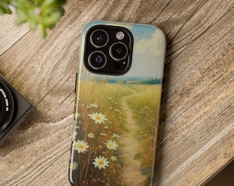 Vintage Daisy Meadow iPhone Case – Countryside Oil Painting Aesthetic, Wildflower Path Art Phone Cover, Soft Pastel Landscape Design