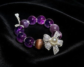 Bracciale in quarzo naturale viola e occhio di tigre marrone - Gioielli in cristallo con perline da 16 mm - Bracciale in lepidolite fatto a mano per donna