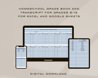Può includere: Un download digitale di un registro dei voti e di un certificato di scuola per l'istruzione a domicilio per le classi dalla 9a alla 12a. L'immagine mostra un laptop e due telefoni che mostrano i modelli di foglio di calcolo. I modelli sono progettati per essere utilizzati con Excel e Google Sheets.
