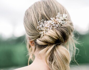 Gold Bridal Hair Comb with Crystals and Pearls, Silver Floral Wedding Hair Comb,  Freshwater Pearl Crystal Hair Comb