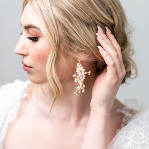 Floral Bridal Earrings, Long Freshwater Pearl Wedding Earrings, Clay Flower Bridal Earrings, Floral earrings For Bride