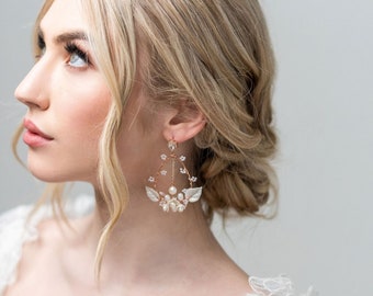 Boho Bridal Earrings, Clay Flower Wedding Hoop Earrings, Floral Wedding Statement Earrings For Bride