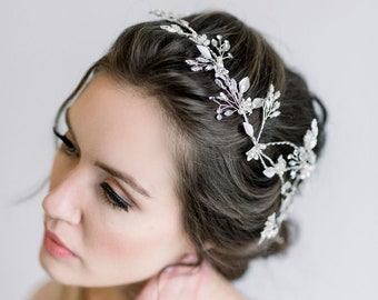 Silver Floral Wedding Hair Vine, Silver Wedding Headpiece,  Silver Leaf Twig Bridal Hair Vine