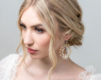 Pearl Bridal Earrings, Floral Wedding Hoop Earrings, Wedding Statement Earrings For Bride