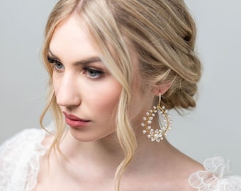 Pearl Bridal Earrings, Floral Wedding Hoop Earrings, Wedding Statement Earrings For Bride