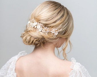 Bandeau de mariée floral avec cristaux, peigne à cheveux fleur de porcelaine, bandeau de mariée floral en cristal, peigne à cheveux de mariage en or