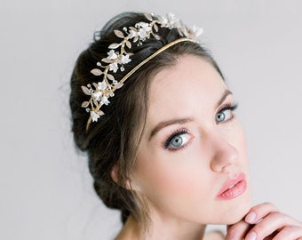 Gold Floral Wedding Tiara, Clay Flower Wedding Crown, Gold Floral Bridal Tiara