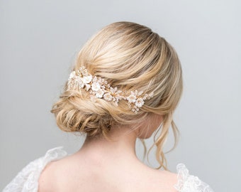 Floral Bridal Headpiece with Crystals, Porcelin Flower Hair Comb, Bridal Floral Crystal Headpiece, Gold Wedding Hair Comb