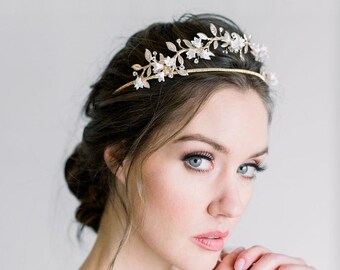 Floral Wedding Tiara, Clay Flower Gold Wedding Crown, BoHo Gold Floral Tiara For Bride