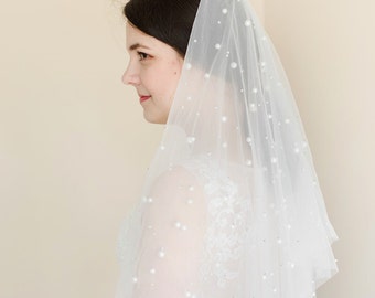 Ivory Wedding Veil with Pearls, Two Tier Bridal Veil with Scattered Pearls, Fingertip Length Wedding Veil