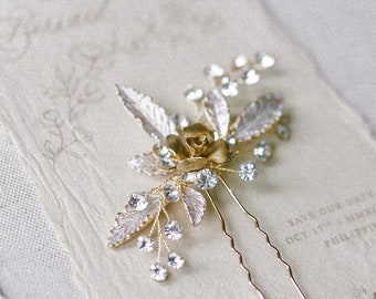 Wedding Hair Pin Gold Floral, Crystal and Gold Bridal Hair Pins, Gold Hair Pins For The Bride