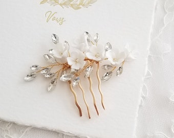 Gold Wedding Hair Comb Porcelain Flowers, Small Silver Floral Wedding Hair Comb, Clay Flower Bridal Hair Comb