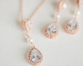 Rose Gold Bridal Jewelry Set,  CZ Bridal Earrings, Wedding Jewelry, Bridal Necklace & Earrings