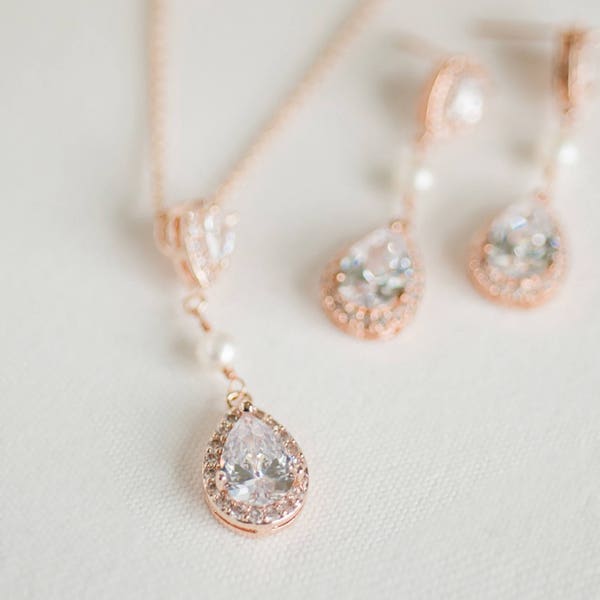 Rose Gold Bridal Jewelry Set,  CZ Bridal Earrings, Wedding Jewelry, Bridal Necklace & Earrings