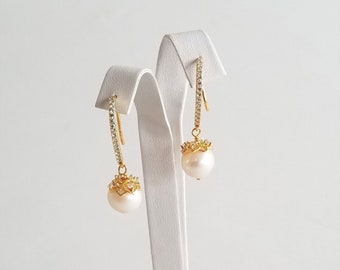 Pearl Bridal Earrings, Freshwater Pearl Wedding Earrings, Pearl Drop Gold Earrings, Earrings For Bride