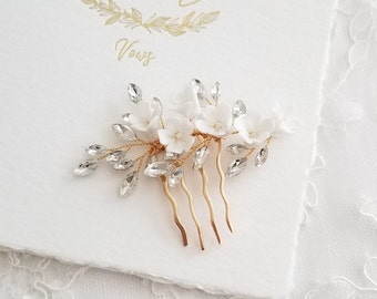 Gold Wedding Hair Comb Porcelain Flowers, Small Silver Floral Wedding Hair Comb, Clay Flower Bridal Hair Comb