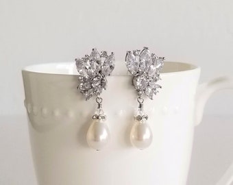 Long Pearl Wedding Earrings, Pearl Drop Bridal earrings, Cubic Zirconia Pearl Earrings for Bride