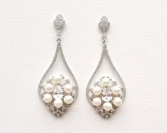 Pearl Wedding Earrings, CZ Freshwater Pearl Bridal Earrings, Long Drop Pearl Earrings For Bride