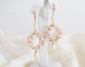 Pearl Drop Bridal Earrings, Long Pearl Drop Earrings for Bride, Rose Gold Hoop Wedding Earrings