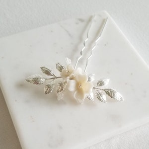 Gold Wedding Hair Pin with Clay Flowers, Gold Floral Bridal Hair Pins, Porcelain Flower Hair Pins