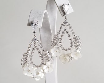 Long Floral Teardrop Wedding Earrings, Cubic Zirconia Mother of Pearl Bridal earrings, Floral Statement Earrings for Bride