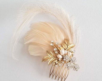 Gold Feather Headpiece, Champagne Wedding Feather Fascinator, Wedding Feather Hairpiece