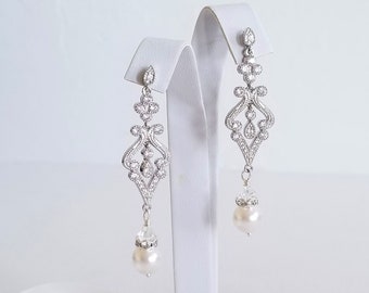 Long Pearl Drop Wedding Earrings, Pearl Bridal Earrings, Cubic Zirconia Pearl Earrings for Bride