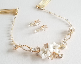 Wedding Floral Headpiece, Porcelain Flower Bridal Hair Comb Earring Set, Gold Clay Flower Freshwater Pearl Hair Comb