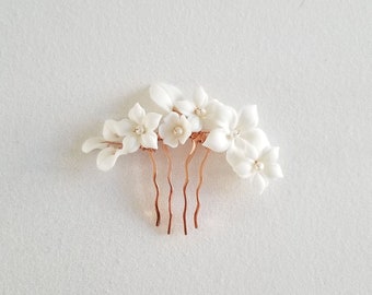 Wedding Hair Comb Porcelain Flowers, Small Floral Wedding Hair Comb, Clay Flower Bridal Hair Comb