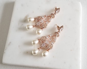 Pearl Chandelier Bridal Earrings, Cubic Zirconia Pearl Statement Earrings For Bride, Rose Gold Pearl Wedding Earrings