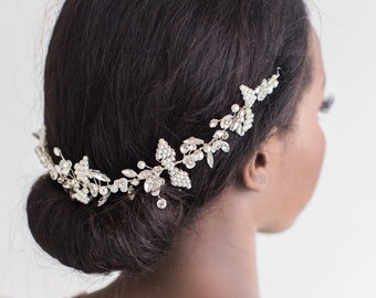 Pearl Bridal Hair Accessory, Pearl Crystal Hair Swag, Wedding Hair Vine, Silver Beaded Bridal Hair Vine with Combs