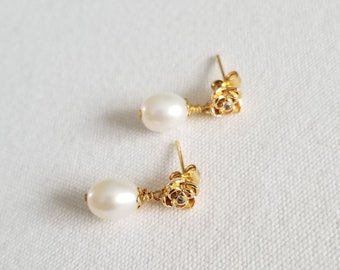 Small Pearl Drop Gold Bridal Earrings, Freshwater Pearl Earrings For Bride, Floral Rose Bud Pearl Wedding Earrings